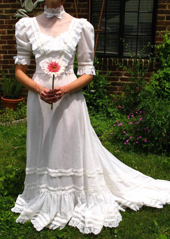 Wedding - Vintage 60s Boho Wedding Dress * Prairie Wedding Dress * Gyspy Wedding Dress * Sheer Cotton Voile * Lace Wedding Dress * small