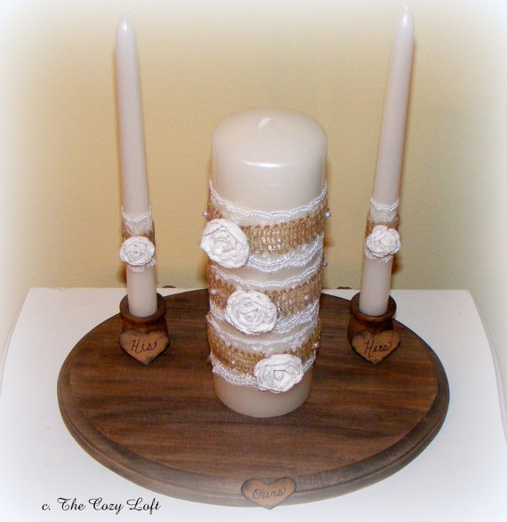 زفاف - Rustic Country Burlap & Lace Wedding Shabby Cottage Chic Unity Candle and Holder for Tapers