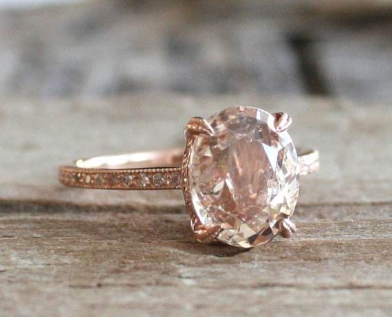 زفاف - Certified 4.0 Ct. Oval Peach Champagne Sapphire Solitaire Diamond Engagement Ring in 14K Rose Gold