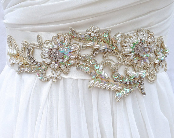 Wedding - Ivory And Gold Beaded Bridal Sash-Wedding Sash With Crystals, Lace  And Pearls, Wedding Dress Sash, Bridal Belt, Bridal Applique