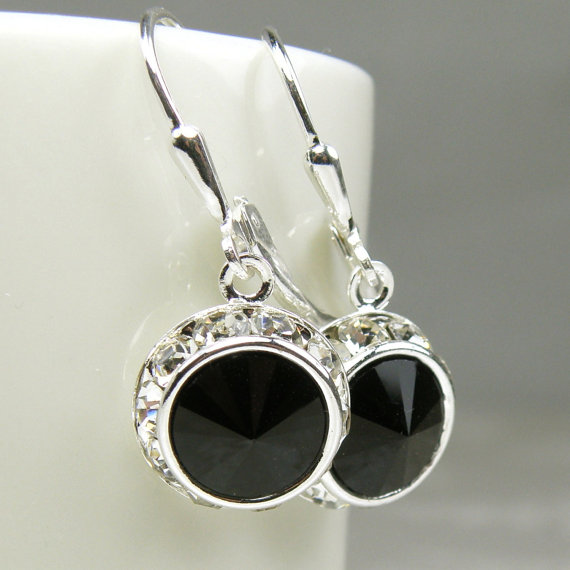 زفاف - Black Earrings, Round Swarovski Crystal Black Onyx Earrings, Silver Rhinestones, Bridesmaids Earrings, Wedding Gift Idea, Handmade Jewelry