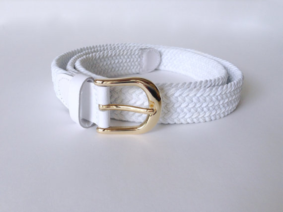 Hochzeit - White Woven Belt - Fabric Cloth Braided Canvas - Retro Gold Tone Buckle - Simple Dress Accessory - High Waist  - Adjustable - Medium Large