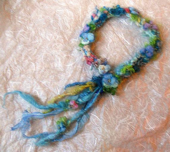 Mariage - reserved - handknit spring faerie wildflower crown art yarn headband  -  blue