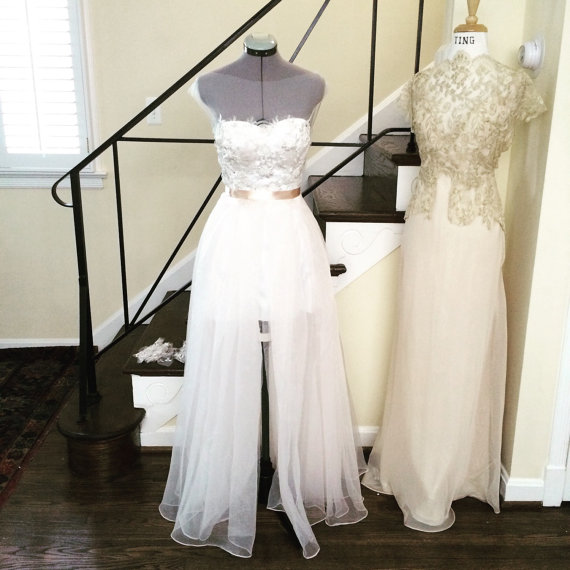 زفاف - Custom Wedding Gown-Kelly Wedding Dress- illusion boat neck v back A-line full length high slit blush organza-Made to order