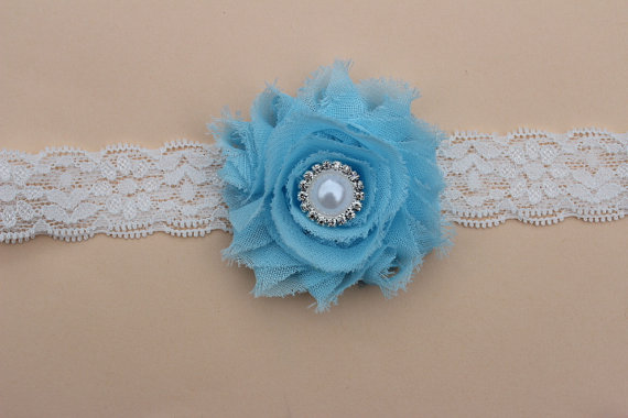 Mariage - baby blue headband lace headband flower girl headband toddler headband blue headband white blue headband headband elastic lace headbands