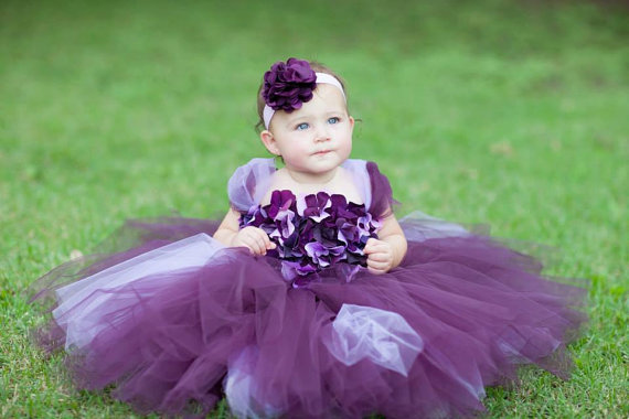 Mariage - Flower girl dress Deep Purple and Lavender tutu dress, flower top, hydrangea top, toddler tutu dress