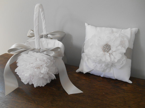 Hochzeit - Flower Girl Basket and Ring Bearer Set of 2- Satin Ivory or White Ivory Peony Silver Gray  and Rhinestone Center- You Customize