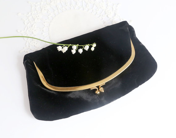 زفاف - Vintage Black Velvet Evening Bag, Mel-Ton Clutch Purse, Mid Century Black Evening Bag, Black Wedding Purse, Fold Over Clutch Purse
