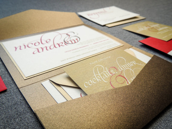 Mariage - Dramatic Script Modern Wedding Invitation shown in Red, Gold and Brown, Pocketfold Style, 1 Accent Layer, v3 - SAMPLE