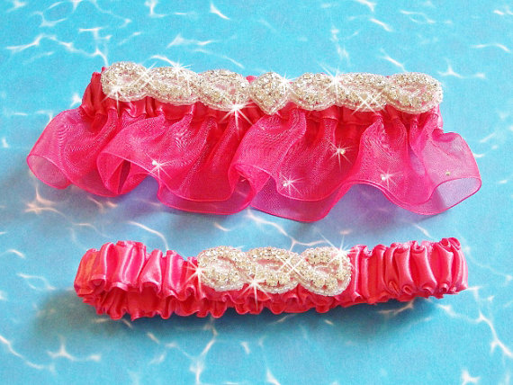 Hochzeit - Hot Pink Organza Wedding Garter Set, Rhinestone Garter, Hot Pink Garter Belts, Pink Wedding Garter, Bling Bridal Garter, Bling Prom Garter