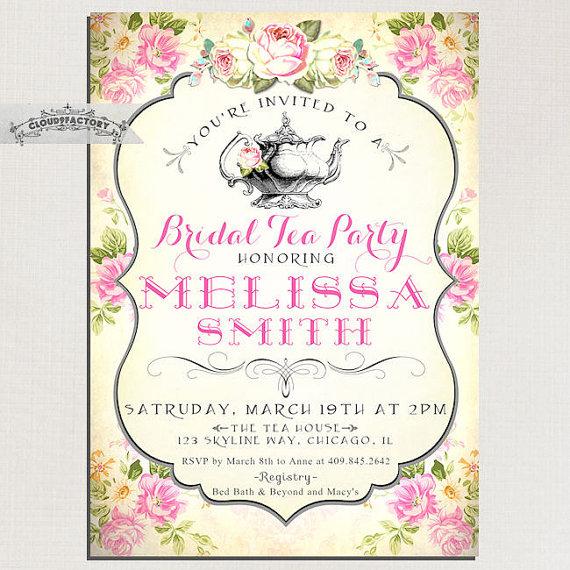 زفاف - Bridal Shower Tea Party Invitations Vintage Style Pink Yellow Shabby Chic Roses Digital Printable File or Printed Cards No.751