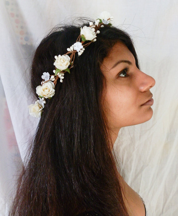 Hochzeit - Woodland flower hair wreath (white rose) - Wedding headpiece, headband, vintage inspired rose crown boho bridal