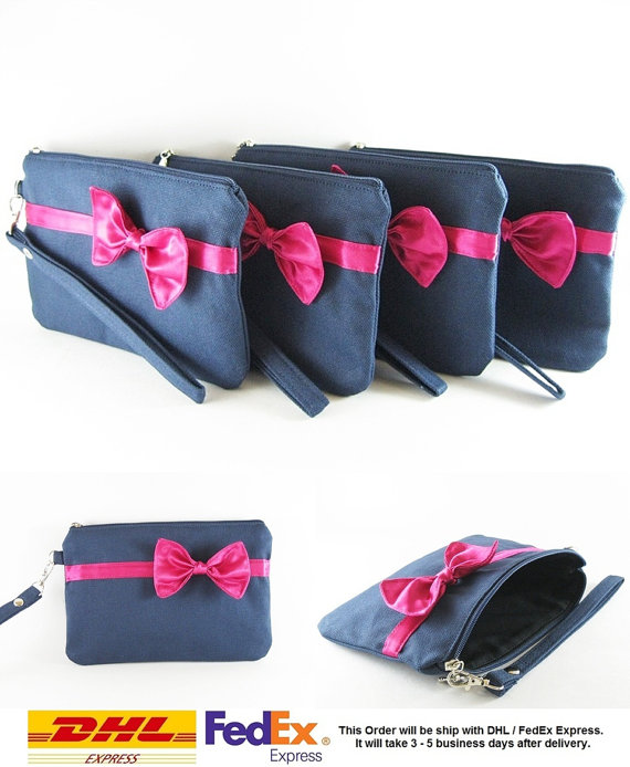 زفاف - SUPER SALE - Set of 6 Navy Blue with Little Fuchsia Bow Clutches - Bridal Clutch,Bridesmaid Clutch,Wedding Gift,Zipper Pouch - Made To Order