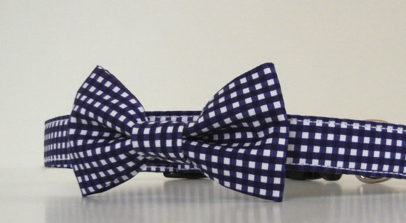 Wedding - Navy Gingham Bow Tie Dog Collar Summer Collar Wedding Accessories Made to Order