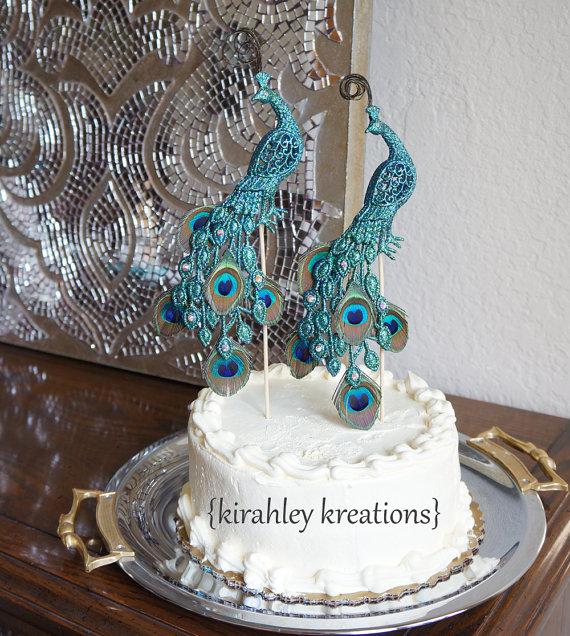 زفاف - PEACOCK Wedding Cake Toppers -- Gorgeous & Glittery Iridescent Green Pair, Mini Peacock Feathers, Curled Herl and Sparkling Swarovski Jewels