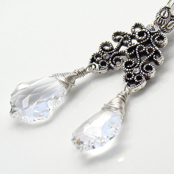 Mariage - Chandelier Long Earrings,Bridal Clear Baroque Swarovski Crystals Antique Silver Plated Filigree Wedding Jewelry
