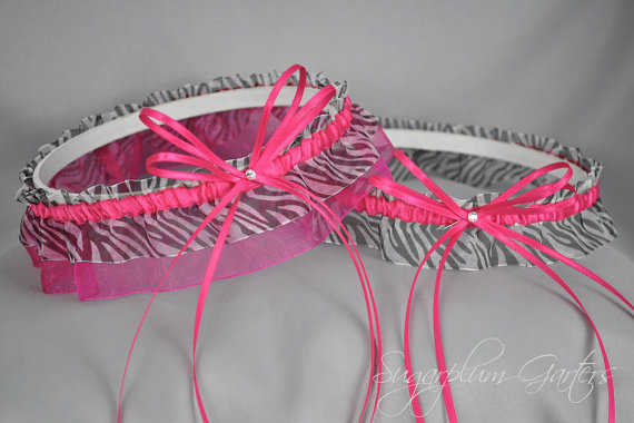 Свадьба - Wedding Garter Set in Hot Pink and Zebra Print with Swarovski Crystals