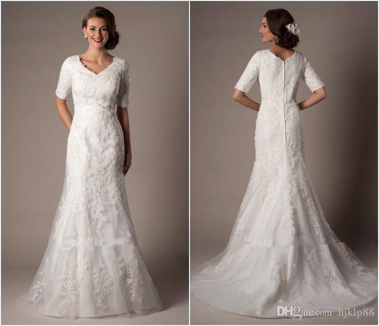 Mariage - Modest Custom Made A-Line Wedding Dresses Long Bridal Gown V-Neck With 1/2 Half Sleeves Lace Applique on Tulle Satin Lining Zipper Back Online with $115.71/Piece on Hjklp88's Store 