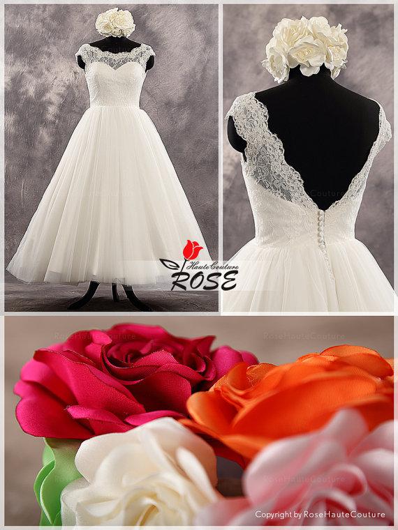 Wedding - Ivory Tea Length Cap Sleeves Sweetheart Neckline Lace Bodice Tulle Skirt Wedding Dress Deep V Back Zipper Up Back Bridal Dress Style WD230