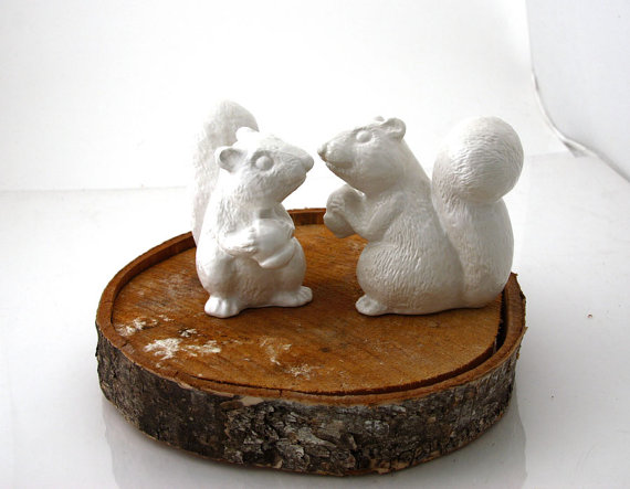 Wedding - Wedding Cake Topper White Squirrels , ceramic squirrel set of two , 4.25 inches high, white, woodland wedding