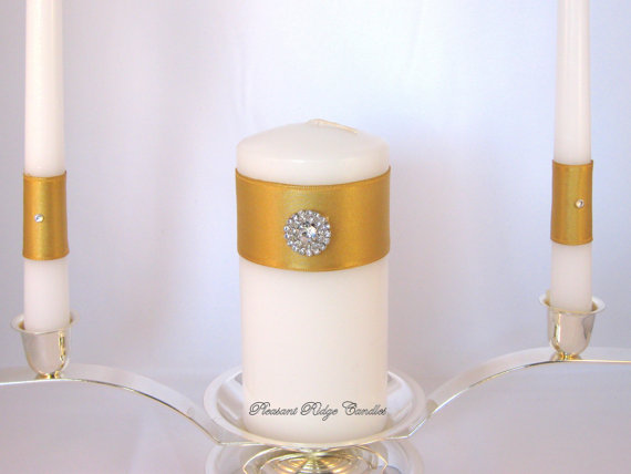 Hochzeit - Unity Candle Set Gold Unity Candle Wedding Candle Bling Unity Candle Rhinestone Unity Candle Cheap Unity Candle Ribbon Color Choice