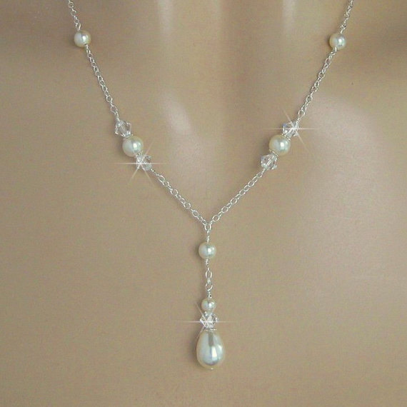 Wedding - Pearl Necklace - Bridal Crystal and Pearl Necklace - Teardrop Pearl and Crystal Y Drop Wedding Necklace - Wedding Jewelry - Pearl Drop