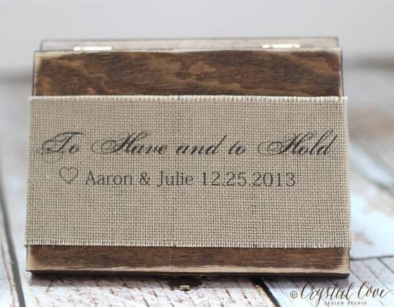 Mariage - Burlap Ring Bearer Box Pillow Gift Personalized Rustic Wedding Ring Box Sign Shabby Chic Burlap Flowers