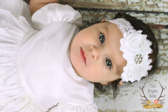 زفاف - White Lace Headband Diamond Rhinestone -  Flower Girl - Newborn Infant Baby Toddler Girls Adult Wedding Baptism