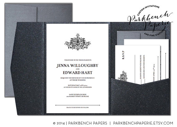 Wedding - Editable Wedding Invitation, RSVP card, and Insert Card- Pocket Fold - Antique Flourish - Word Template, Instant Download, Printable