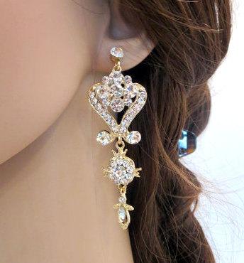 Wedding - Gold wedding earrings, Gold bridal earrings, Wedding jewelry, Gold chandelier earrings, Gold rhinestone earrings, Crystal earrings