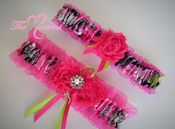 Hochzeit - Hot Pink Camo Garter Set, Camo Keepsake and Toss-away Garter Set, Sassy B Pink True Timber Garter