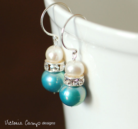 زفاف - Blue and White Pearl Wedding Earrings, Rhinestones, Sterling Silver, Bridal Jewelry, Freshwater Pearls, Something Blue, Blue Pearl Earrings