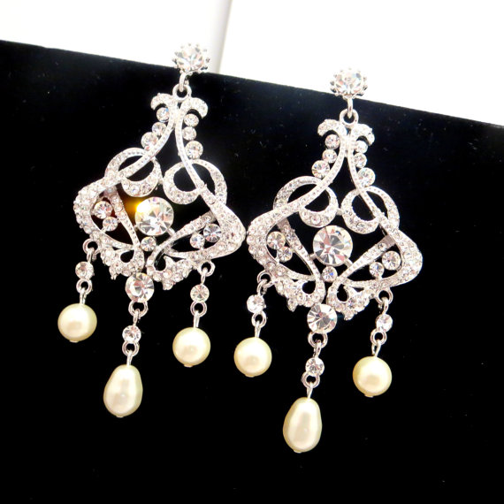 Hochzeit - Bridal chandelier earrings, wedding jewelry, Art Deco earrings with Swarovski crystals and Swarovski pearls, wedding earrings, vintage style
