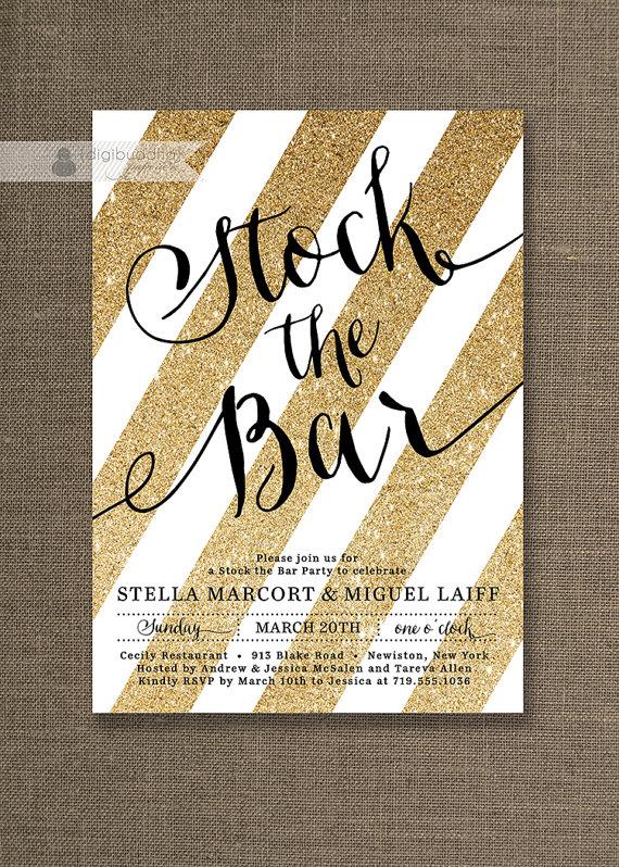 Mariage - Gold Glitter Stock the Bar Invitation Engagement Party Stripe Black Confetti Sprinkle FREE PRIORITY SHIPPING or DiY Printable - Stella