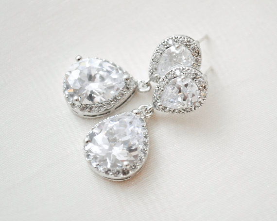 زفاف - Teardrop Bridal Earrings, Wedding Earrings, CZ Earrings, Wedding Jewellery
