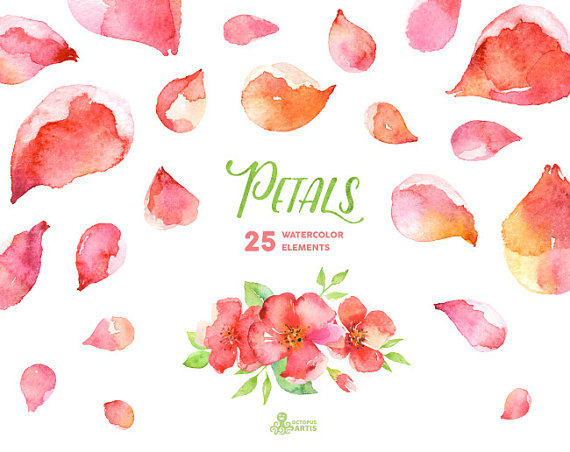 Wedding - Petals 25 watercolor elements, bouquet, flowers. Handpainted, wedding invitation, separate floral elements, greetings, diy clipart, blossom