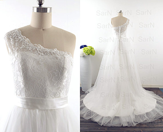 زفاف - Romantic Bridal Gown, One Shoulder Lace Wedding Gown, Tulle Lace Wedding Dress,  Long Wedding Bridal Dress With Court Train