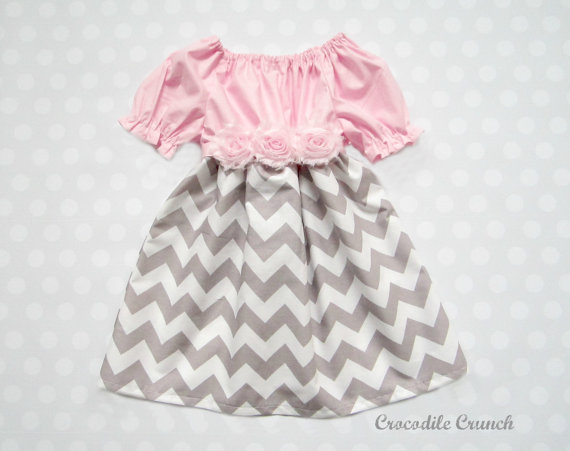 زفاف - Pink and Gray Chevron Dress, Flower Belt Dress, Chevron Flower Girl Dress