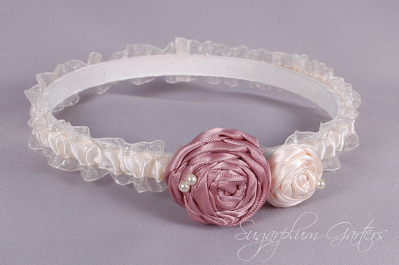 Hochzeit - Wedding Garter in Champagne and Ivory Satin with Rosette Roses
