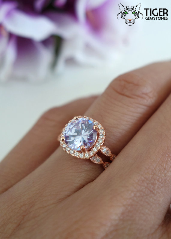 Hochzeit - 2.25 Carat Halo Wedding Set, Bridal, Lavender Purple, Man Made Diamond Simulants, Art Deco Engagement Ring, Sterling Silver & ROSE Gold