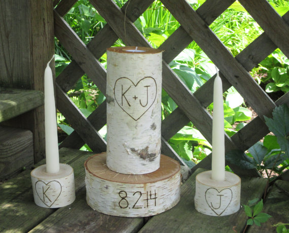 Mariage - Personalized  Unity Candle 6 Piece  Birch Set with Wedding Date Birch Slice Centerpiece  Unique  Wedding Cottage Chic Rustic