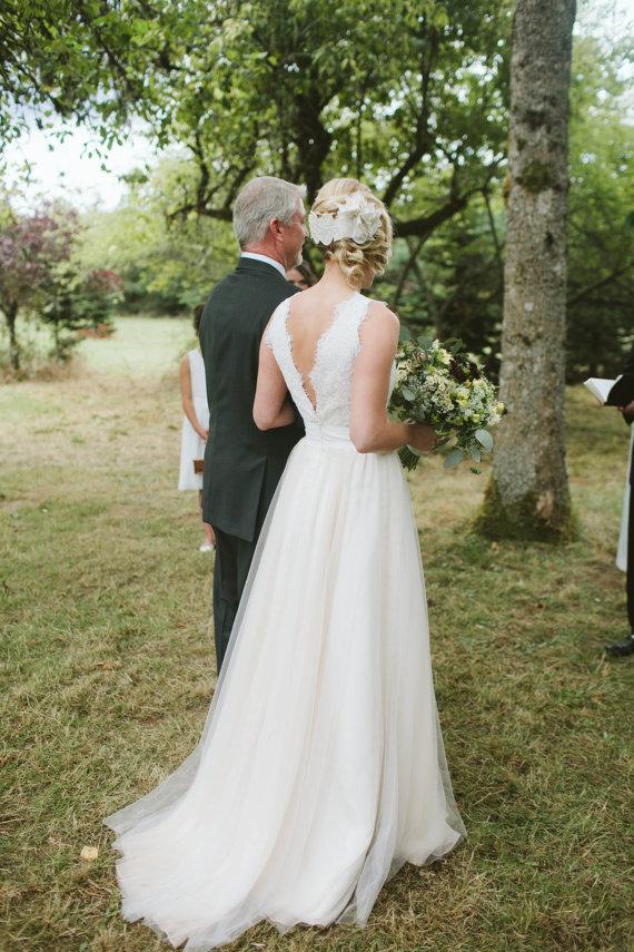 زفاف - Custom Ally Wedding Dress Gown-Deep V neck and Boat neck option-A line flowy chiffon with eyelet lace overlay