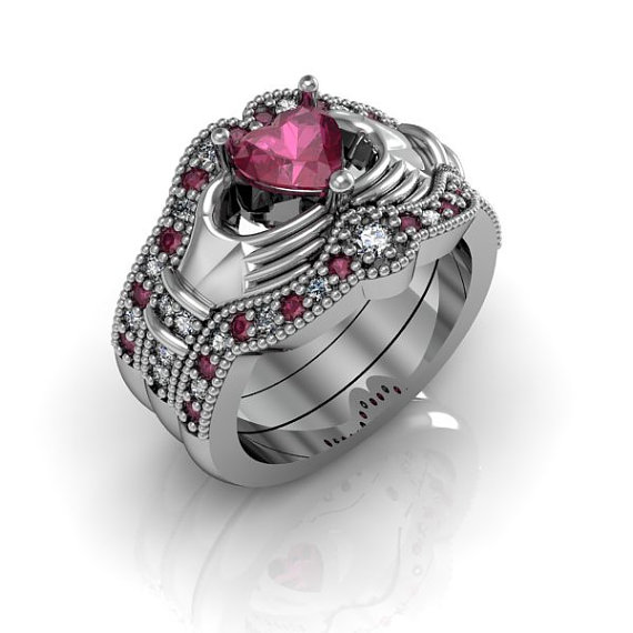 Свадьба - Claddagh Ring - Sterling Silver Created Ruby Love and Friendship Engagement Ring Trio Set