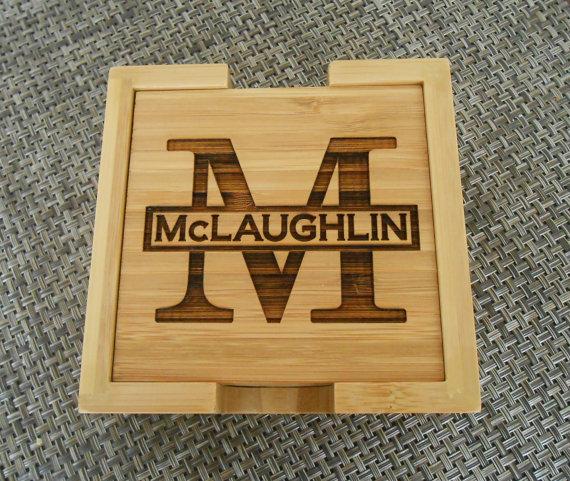 Hochzeit - Personalized Bamboo Wood Coasters Set: Groomsmen Gift, Bridal Party Gift, Housewarming Gift