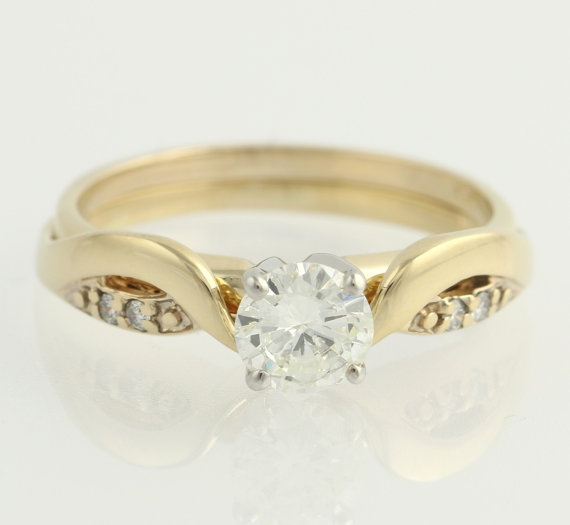 Свадьба - Diamond Solitaire Engagement Ring & Wedding Band Set - 14k Yellow Gold .56ctw F3889