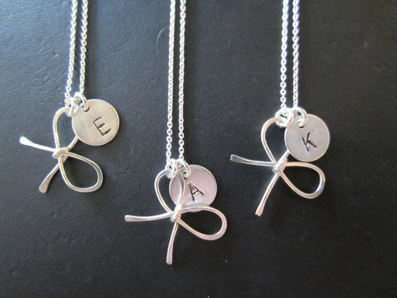 Wedding - Sterling silver Bridesmaid Bow knot necklaces... with personalized hand stamped initial charm, handmade bridal jewelry, bridesmaid gift