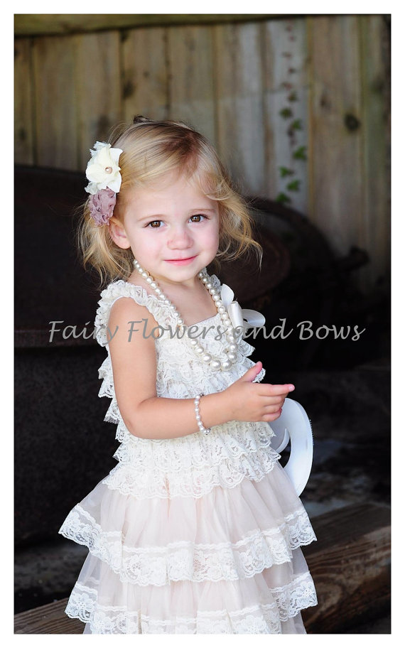 زفاف - Champagne  Rustic Lace Chiffon Dress with Matching Headband...Flower Girl Dress, Wedding Dress, Baptism Dress  (Infant, Toddler, Child)