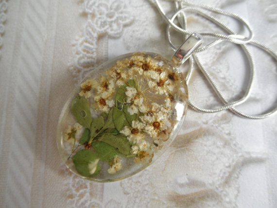 Wedding - Romantic Garden-Victorian Real Pressed Flower Oval Domed Glass Pendant w/ Ivory Bridal Veil Blossoms-Nature's Wearable Art