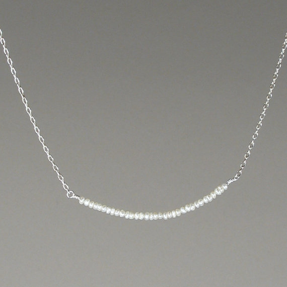 Wedding - Seed Pearl Line Necklace Sterling Silver Tiny Small Dainty Delicate Genuine Freshwater Layer Simple Everyday Minimalist Bridesmaid Gift