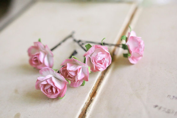 Wedding - Pink Roses Hair Pins (5 pcs) Bohemian Wedding Hair Flowers, Bridal Hair Accessories, Bridesmaid Clips, Flower Girls, Pink Wedding Flowers